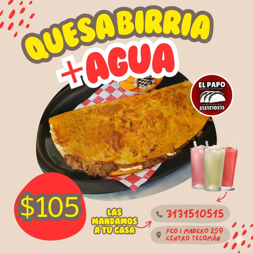 ¡PAQUETE PROMOCIÓN!🔥  1 QUESABIRRIA + 1 L de agua del día 🥤